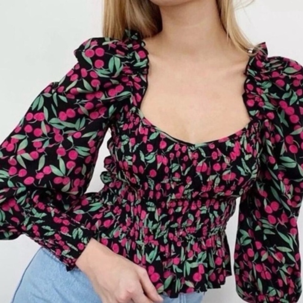 Topshop cherry print smocked cropped puff sleeve square neck blouse top 8
